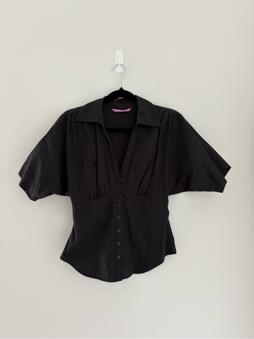 Black Button-Front Short Sleeve Blouse